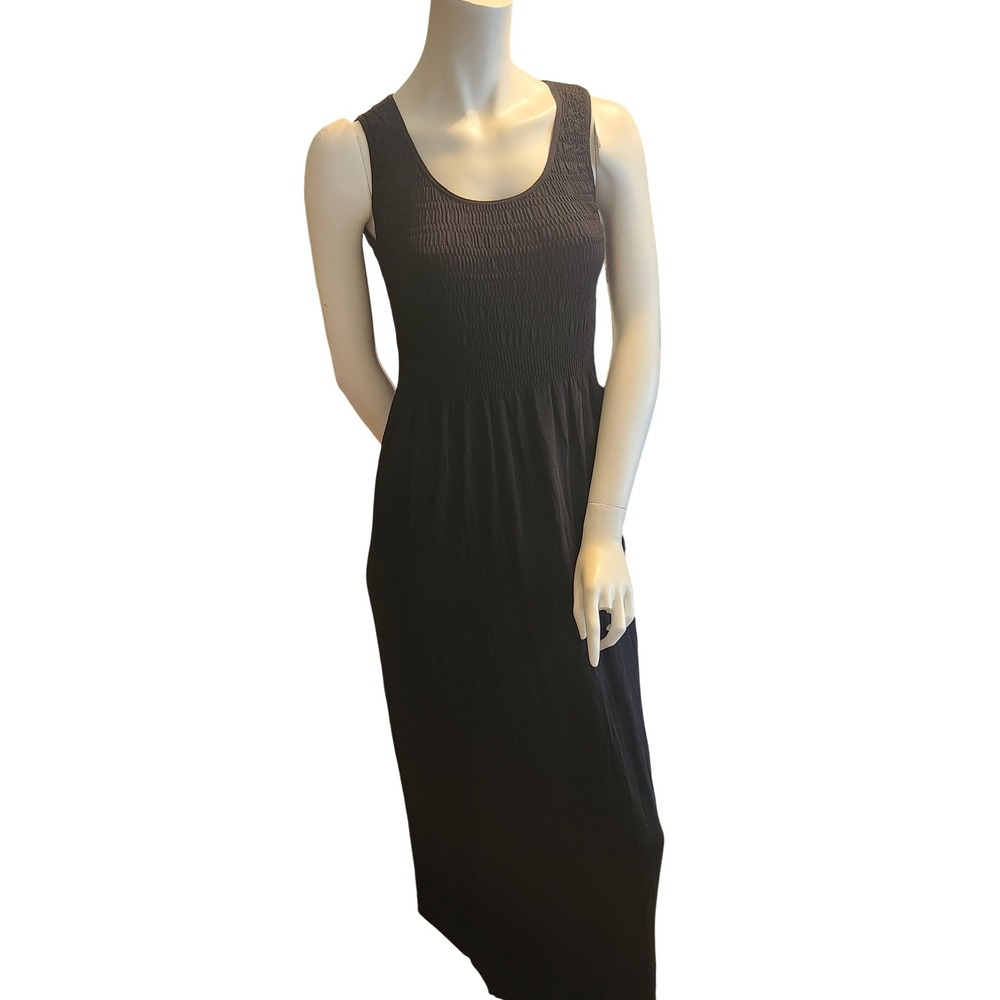Impress! Black Smocked Sleeveless Maxi Dress Cotton Blend S/M